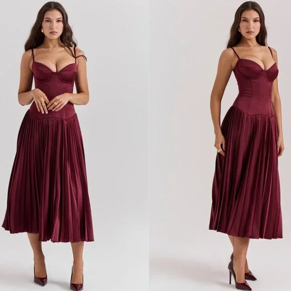 HOUSE OF CB 'Beau' Wine Pleated Midi Dress NWOT - Picture 4 of 10